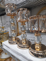 Crystal Candle Holder Decorated With Stones, 3 Pieces, Golden Color