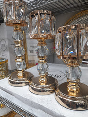 Crystal Candle Holder Decorated With Stones, 3 Pieces, Golden Color