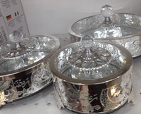 3 pcs Ramadan serving golden and silver metal, Glass Jar with Glass Lid and Crystal Top