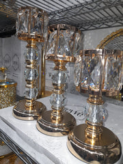 Crystal Candle Holder Decorated With Stones, 3 Pieces, Golden Color