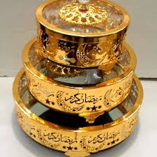 3 pcs Ramadan serving golden and silver metal, Glass Jar with Glass Lid and Crystal Top