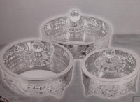 3 pcs Ramadan serving golden and silver metal, Glass Jar with Glass Lid and Crystal Top