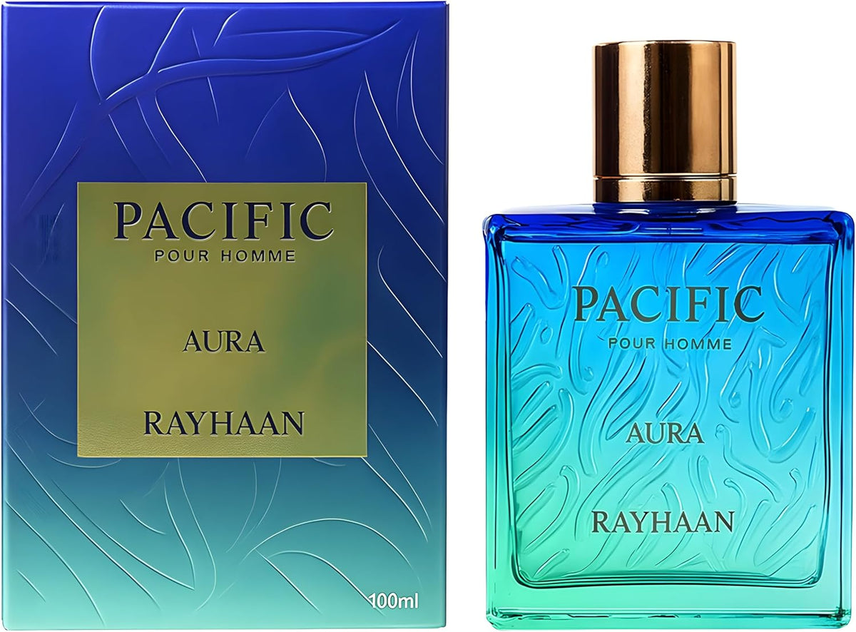 Rayhaan Pacific Aura – Citrus, Aromatic, Green, Amber – Eau de Parfum Spray for Men, 3.4 Ounce / 100 ml